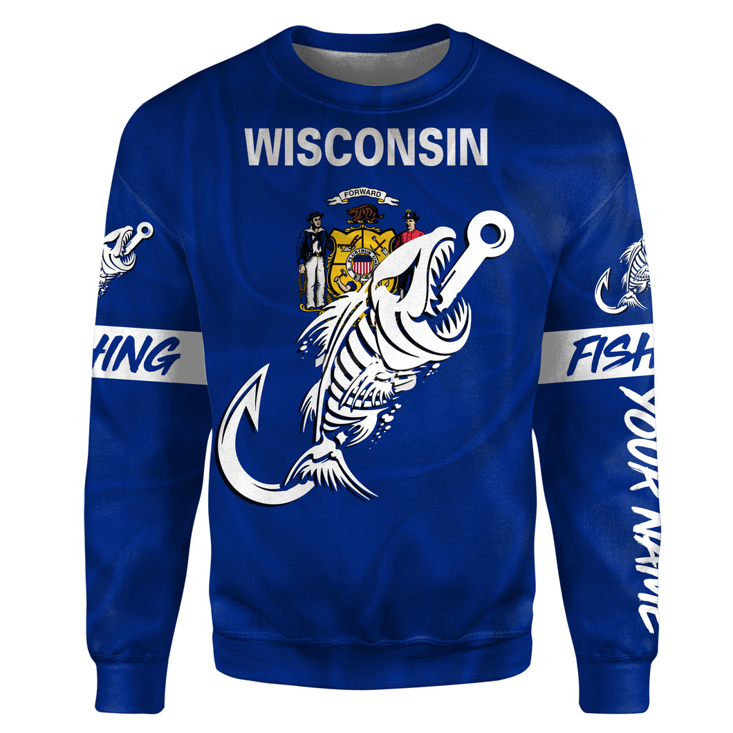 WI Wisconsin Fishing Flag Fish hook skull Custom name fishing jerseys | Sweatshirt - NPQ745
