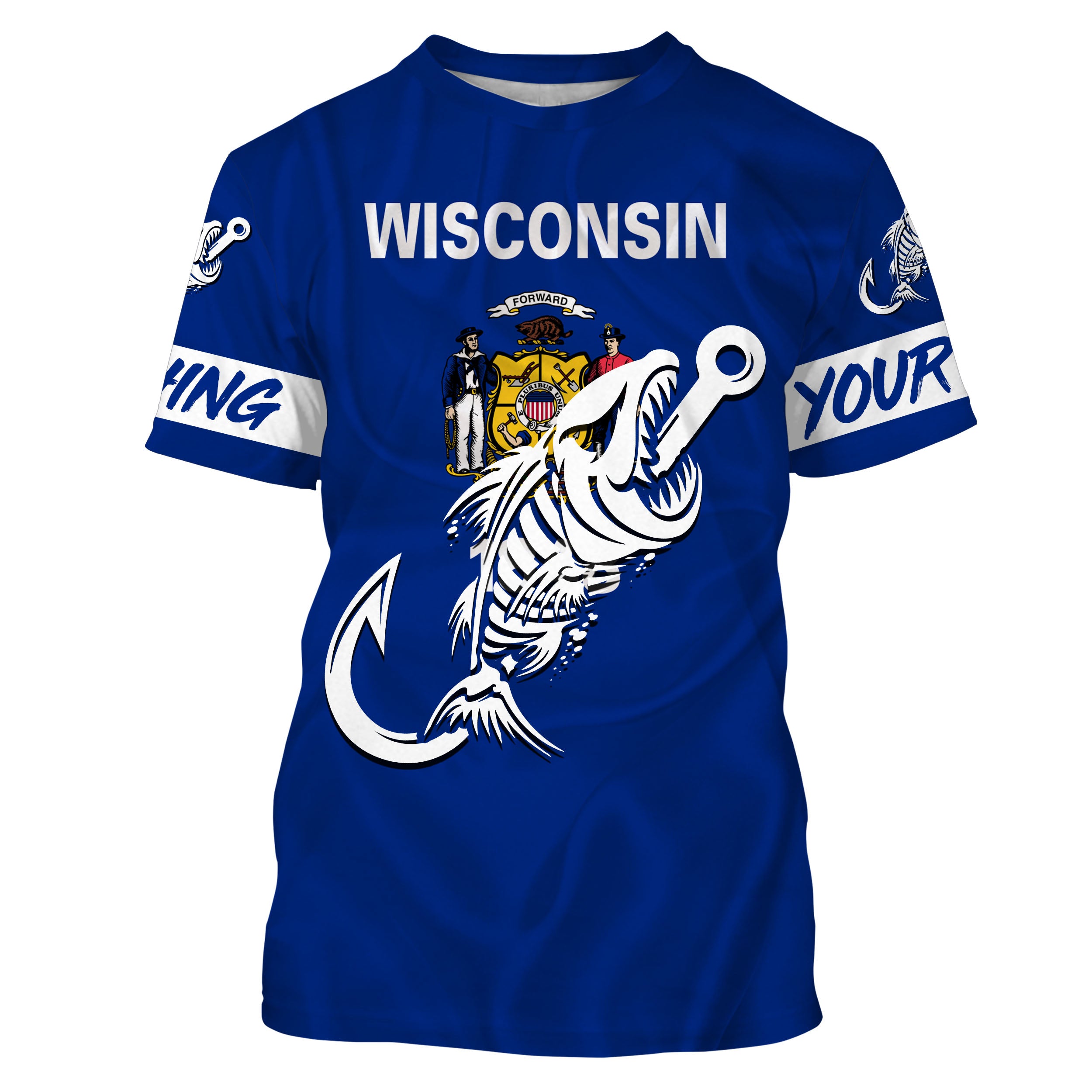 WI Wisconsin Fishing Flag Fish hook skull Custom name performance fishing jerseys | Tshirt - NPQ745