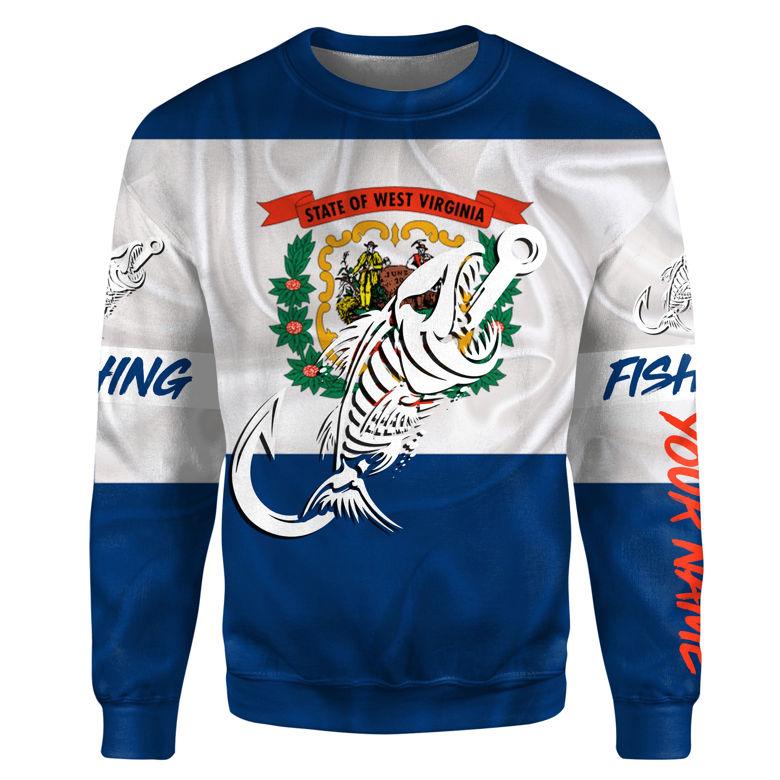 WV West Virginia Fishing Flag Fish hook skull Custom name fishing jerseys | Sweatshirt - NPQ747