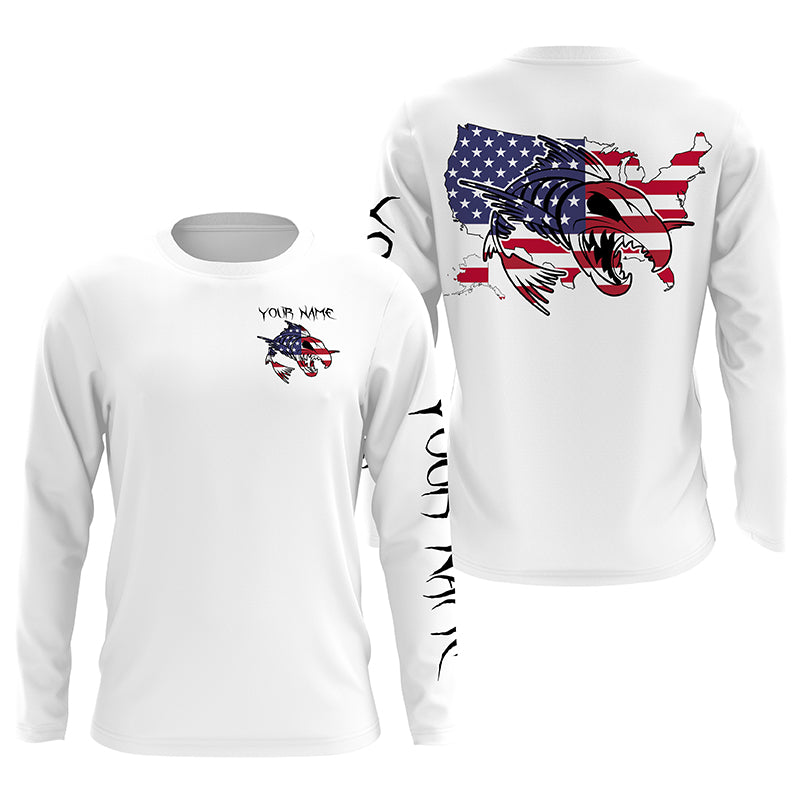 Fish skull Skeleton American flag patriot Custom name Long sleeve, Long Sleeve Hooded NPQ958