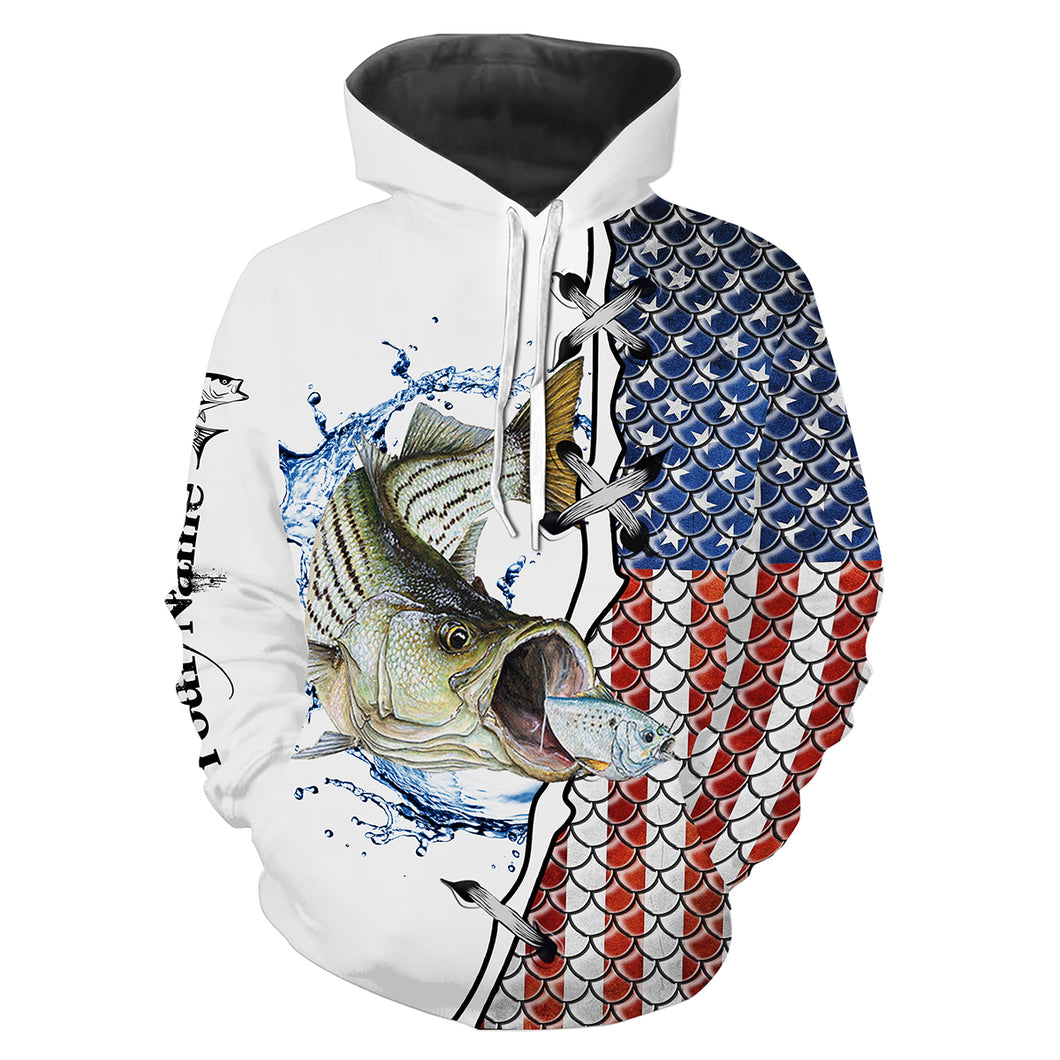 Striper striped Bass fishing American flag patriotic 4th July Customize name 3D All Over Printed fishing hoodie NPQ298