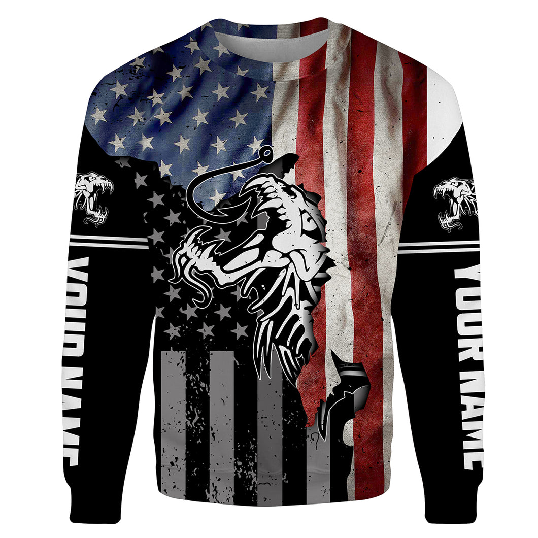 Fish reaper skull Fishing American Flag 4th July patriot Custom name fishing jerseys | Sweatshirt - NPQ805
