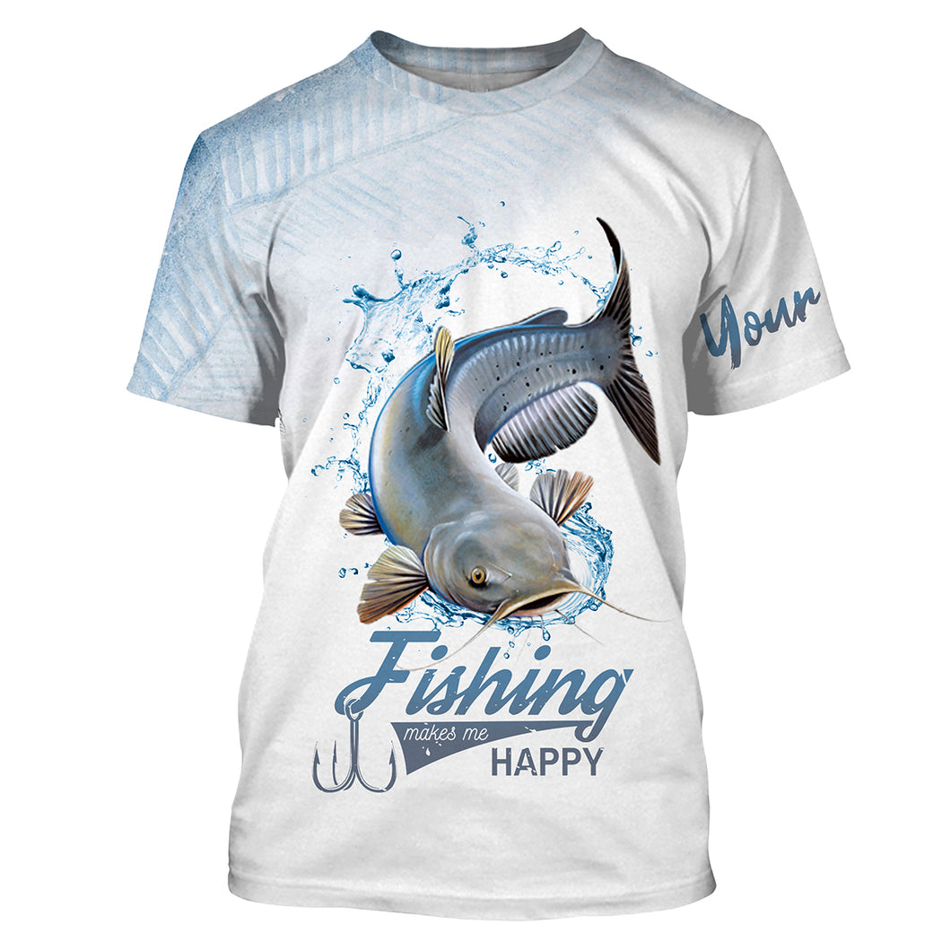 Catfish fishing makes me happy Customize Name All-over Print Unisex fishing T-shirt, gift for fisherman NPQ439