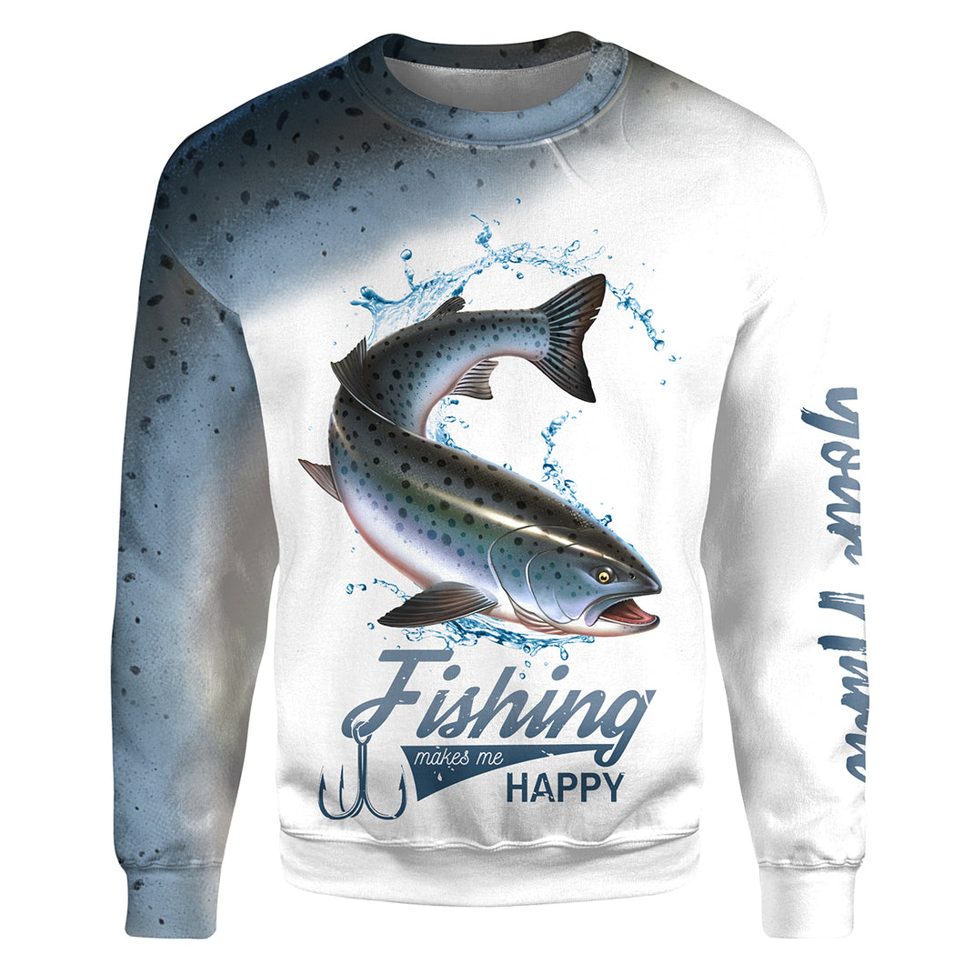 Chinook salmon fishing makes me happy Customize name All-over Print Crew Neck Sweatshirt, gift for fisherman NPQ440