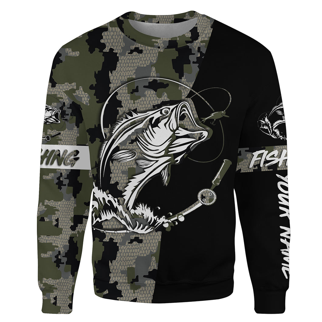 Largemouth Bass Fishing tattoo Camo Customize name 3D All-over Print Crew Neck Sweatshirt, personalized fishing gift for men, women NPQ268