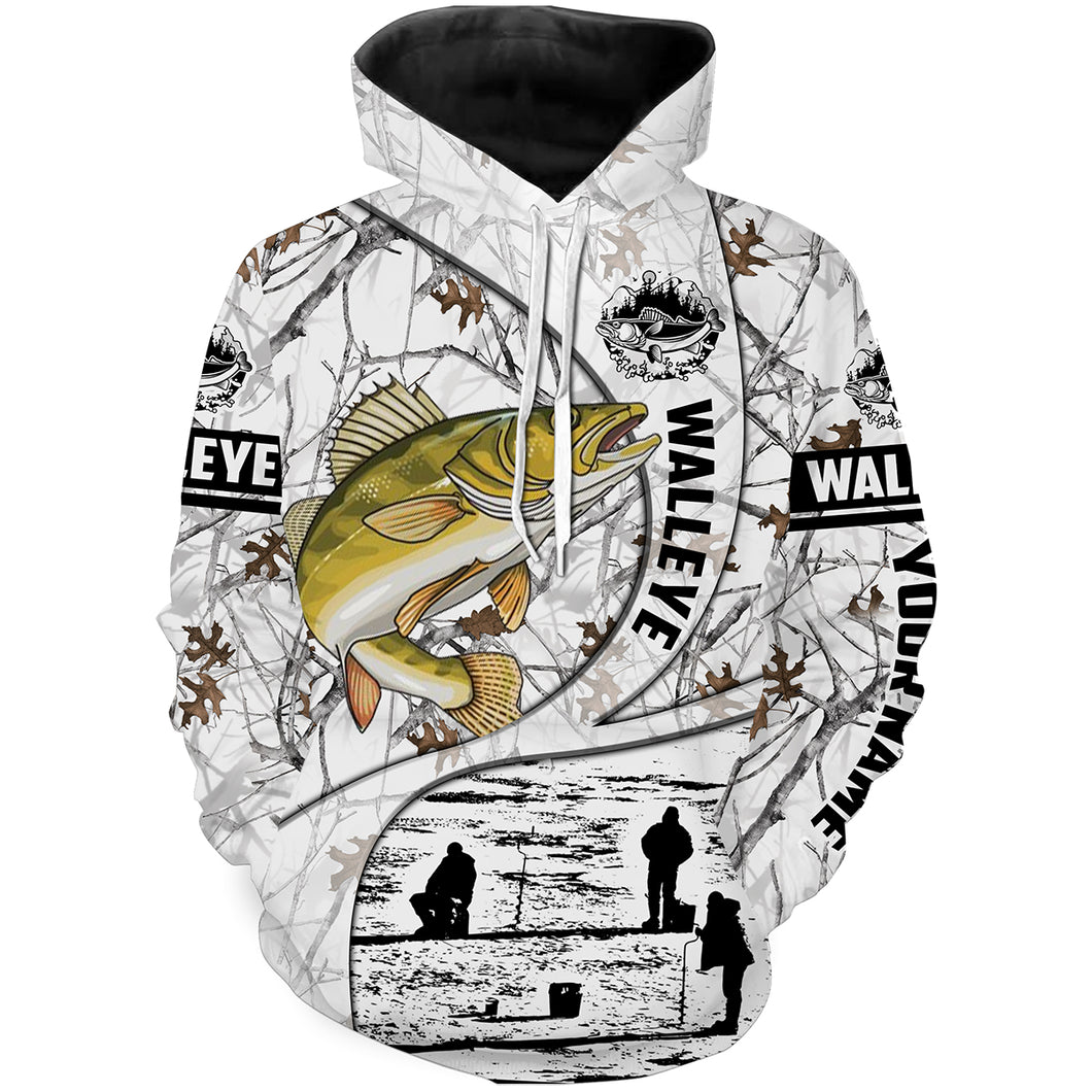 Ice fishing walleye winter camo ice fishing clothing Customize name 3D All Over Printed fishing hoodie, gift for fisherman NPQ442
