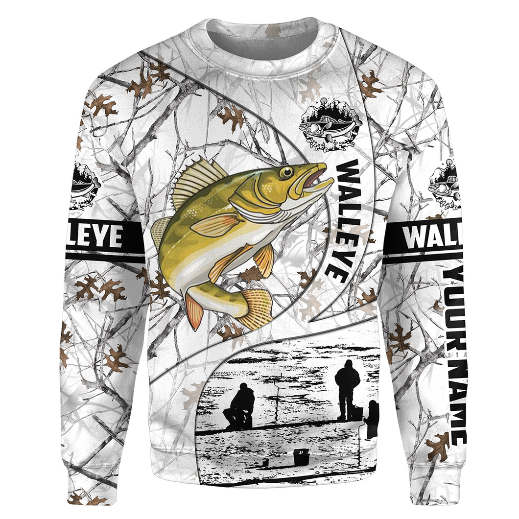 Ice fishing walleye winter camo ice fishing clothing Customize name All-over Print Crew Neck Sweatshirt, gift for fisherman NPQ442