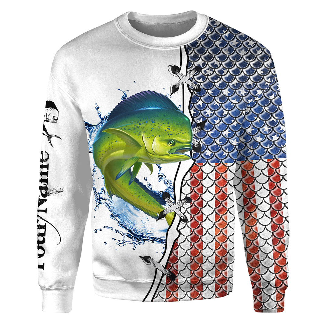 Mahi mahi saltwater fishing American flag patriotic 4thJuly Customize name All-over Print Crew Neck Sweatshirt, gift for fisherman NPQ445