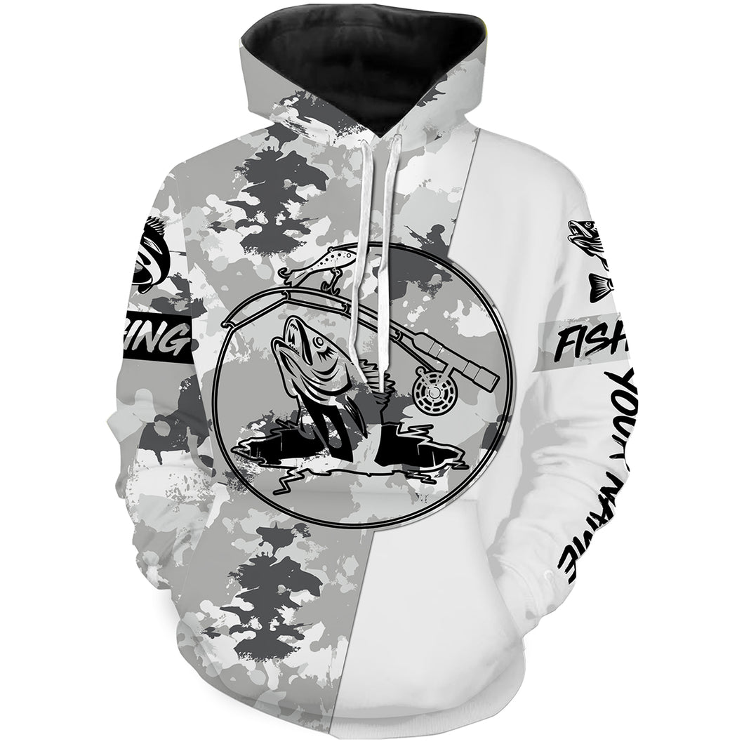 Ice fishing walleye winter camo ice fishing clothing Customize name 3D All Over Printed fishing hoodie, gift for fisherman NPQ446