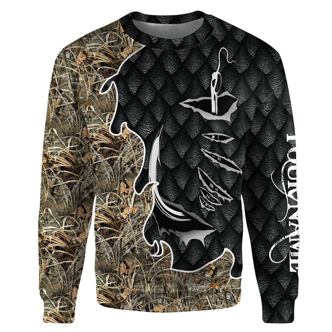 Fish hook fishing camouflage fishing clothing Customize name All-over Print Crew Neck Sweatshirt, gift for fisherman NPQ449