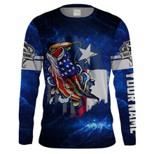 Load image into Gallery viewer, Texas Flag TX Bass Fishing US blue galaxy Customize Name UV protection quick dry UPF 30+ long sleeves fishing shirt for men NPQ76
