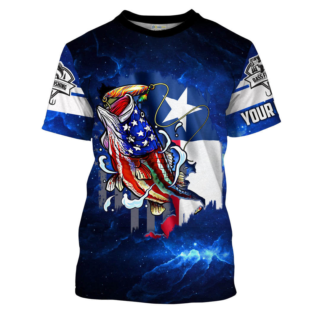 Texas Flag TX Bass Fishing US blue galaxy Customize Name All-over Print Unisex fishing T-shirt NPQ76