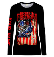 Load image into Gallery viewer, Bass fishing Hooked on freedom American patriotic Customize Name UV protection UPF 30+ long sleeve fishing shirt for women NPQ114
