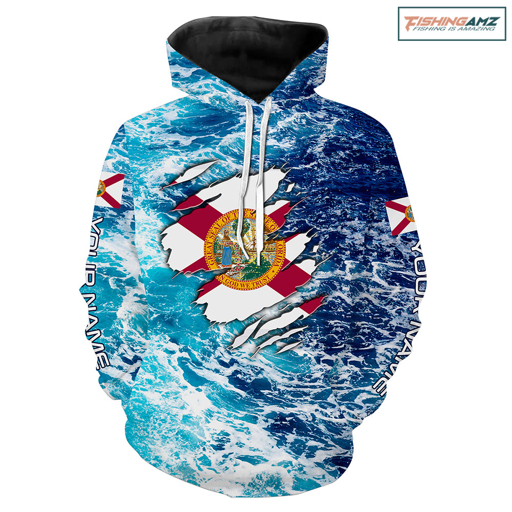Blue sea wave ocean camo Florida flag Custom name performance fishing jerseys | Hoodie - NPQ756