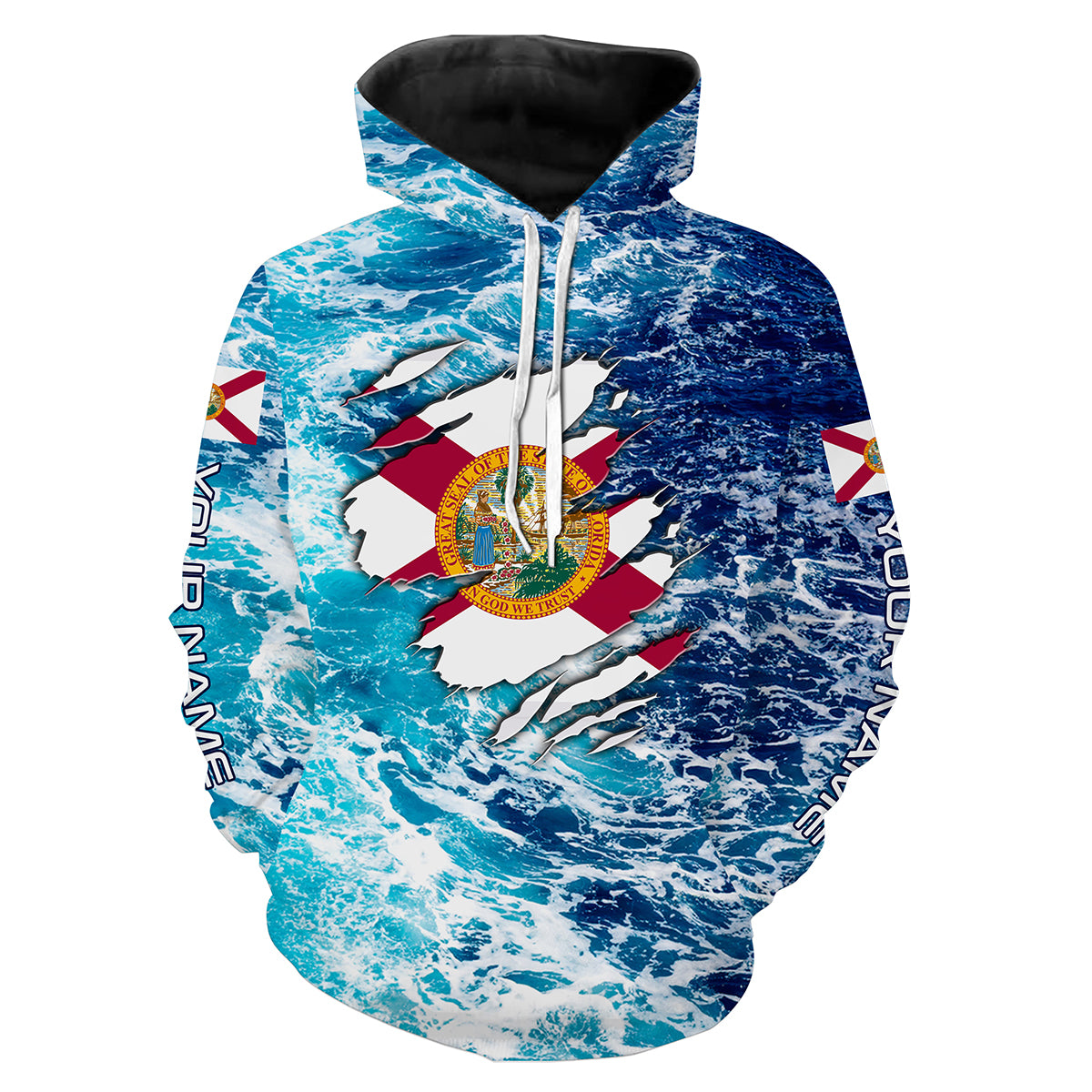 Blue sea wave ocean camo Florida flag Custom name performance fishing jerseys | Hoodie - NPQ756