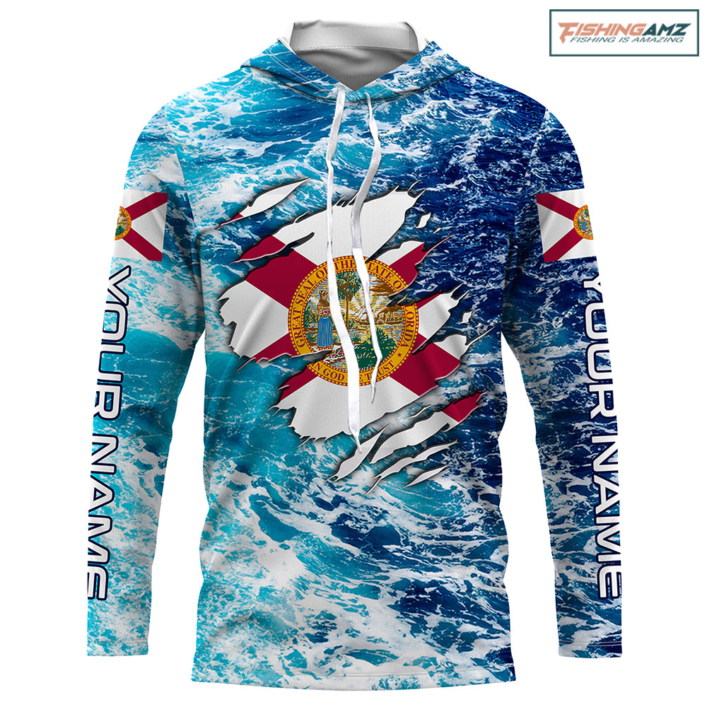 Blue sea wave ocean camo Florida flag Custom name jerseys | Long sleeve, Long Sleeve Hooded NPQ756