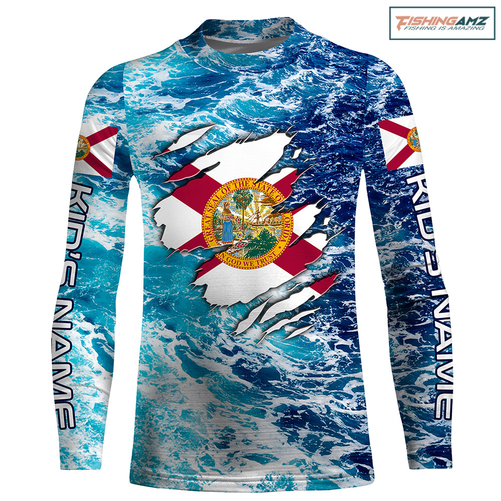 Blue sea wave ocean camo Florida flag Custom name fishing jerseys | Kid Long Sleeves NPQ756