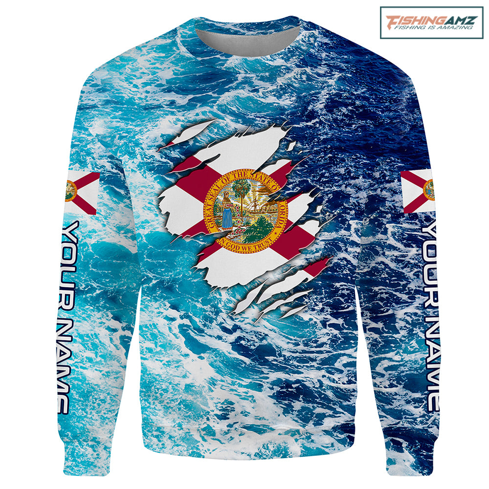 Blue sea wave ocean camo Florida flag Custom name fishing jerseys | Sweatshirt - NPQ756