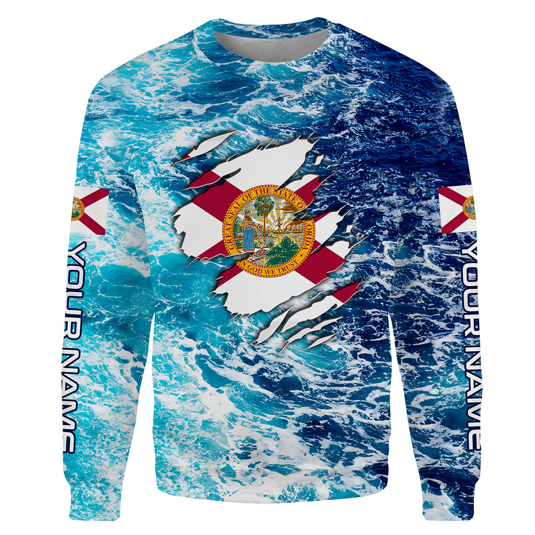 Blue sea wave ocean camo Florida flag Custom name fishing jerseys | Sweatshirt - NPQ756
