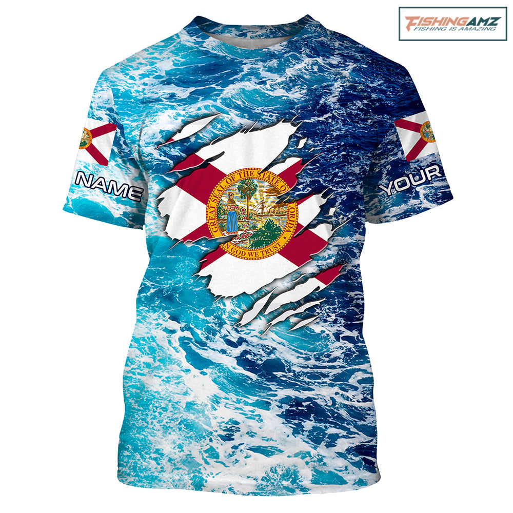 Blue sea wave ocean camo Florida flag Custom name performance fishing jerseys | Tshirt - NPQ756