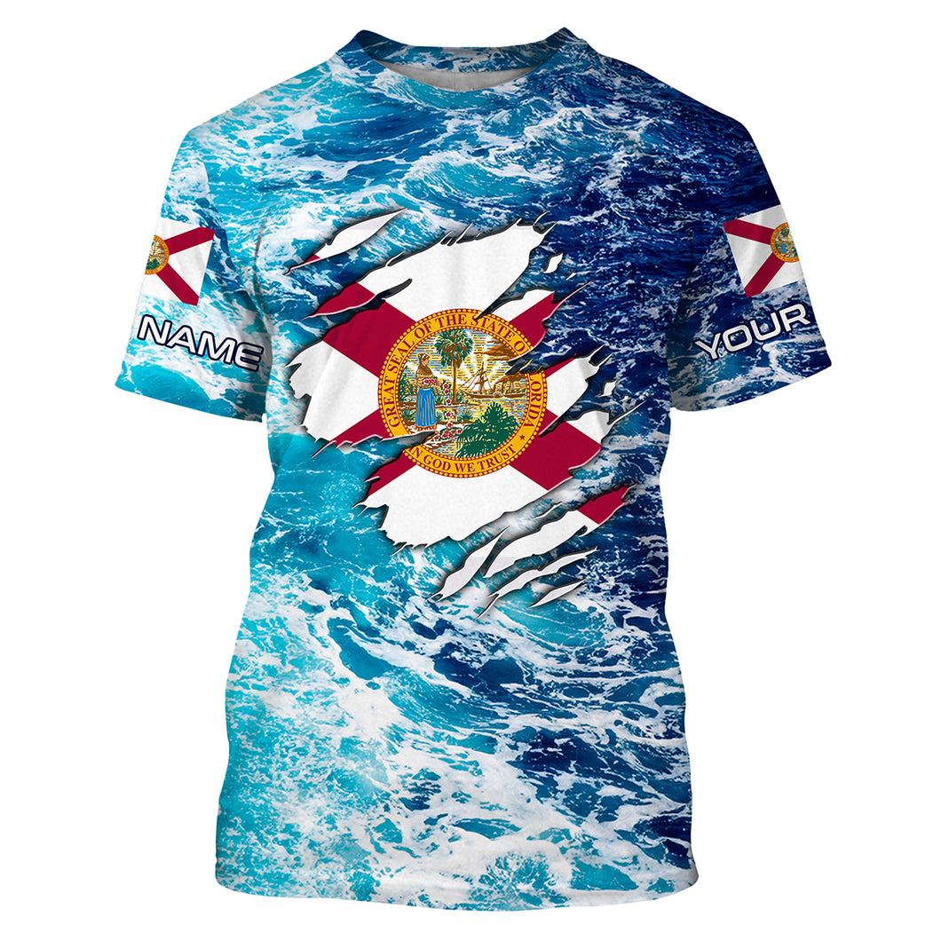 Blue sea wave ocean camo Florida flag Custom name performance fishing jerseys | Tshirt - NPQ756