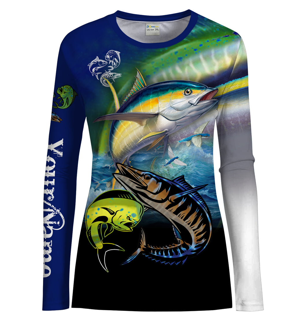 Mahi Mahi (Dorado), Wahoo, Tuna fishing Customize Name UV protection UPF 30+ quick dry long sleeves fishing shirt for women NPQ19