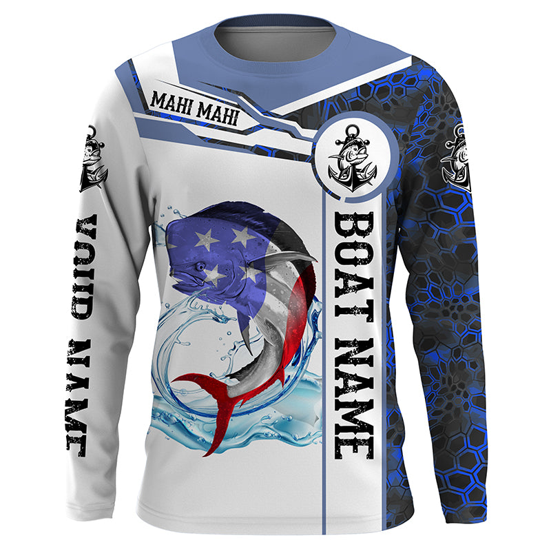Mahi mahi Fishing blue camo American Flag Custom name and boat name jerseys | Long sleeve, Long Sleeve Hooded NPQ969