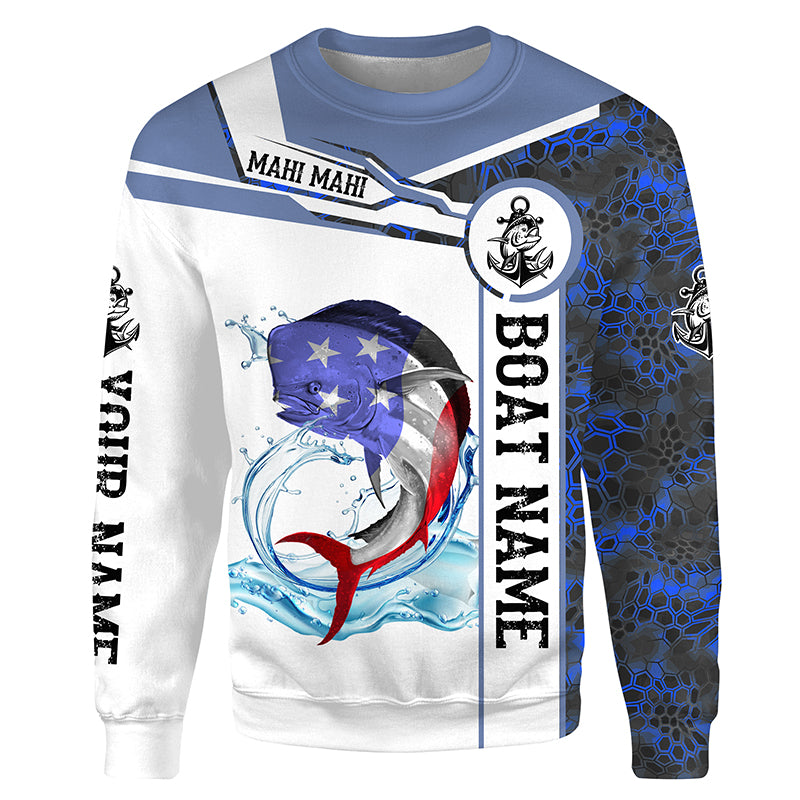Mahi mahi Fishing blue camo American Flag Custom name and boat name fishing jerseys | Sweatshirt - NPQ969