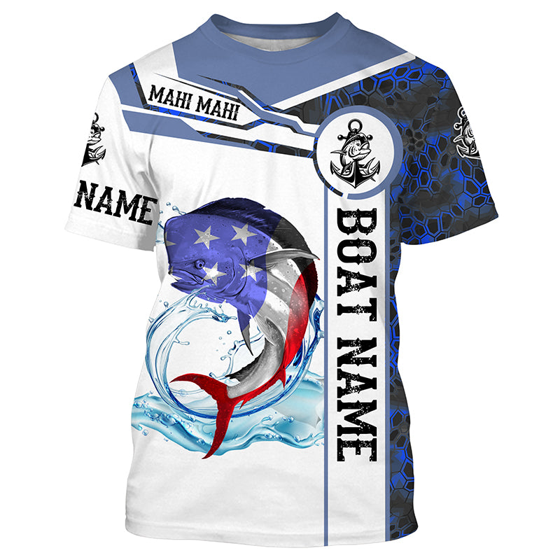 Mahi mahi Fishing blue camo American Flag Custom name and boat name performance fishing jerseys | Tshirt - NPQ969