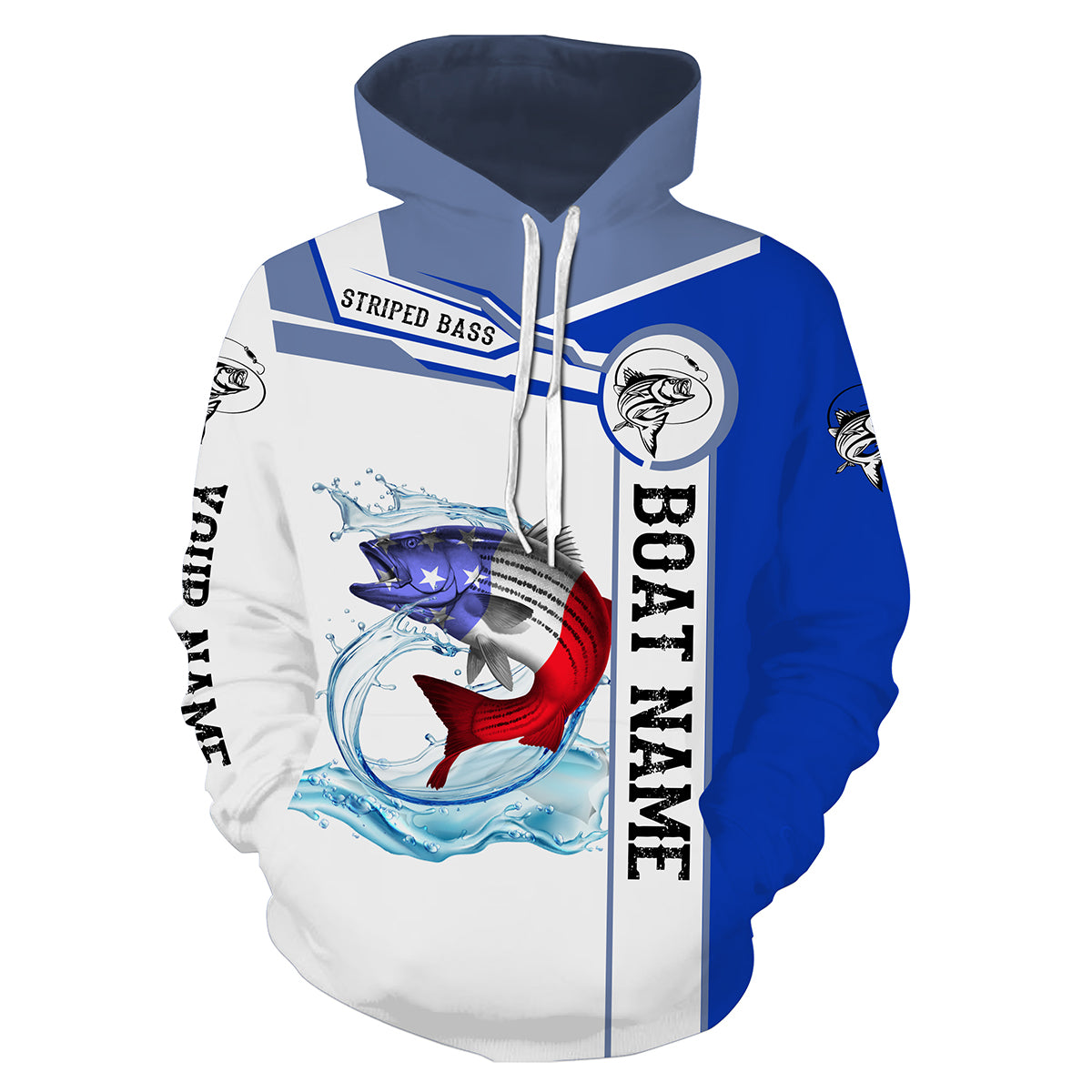 Striped Bass Fishing American Flag Custom name and boat name hoodie, personalized fishing gift NPQ340