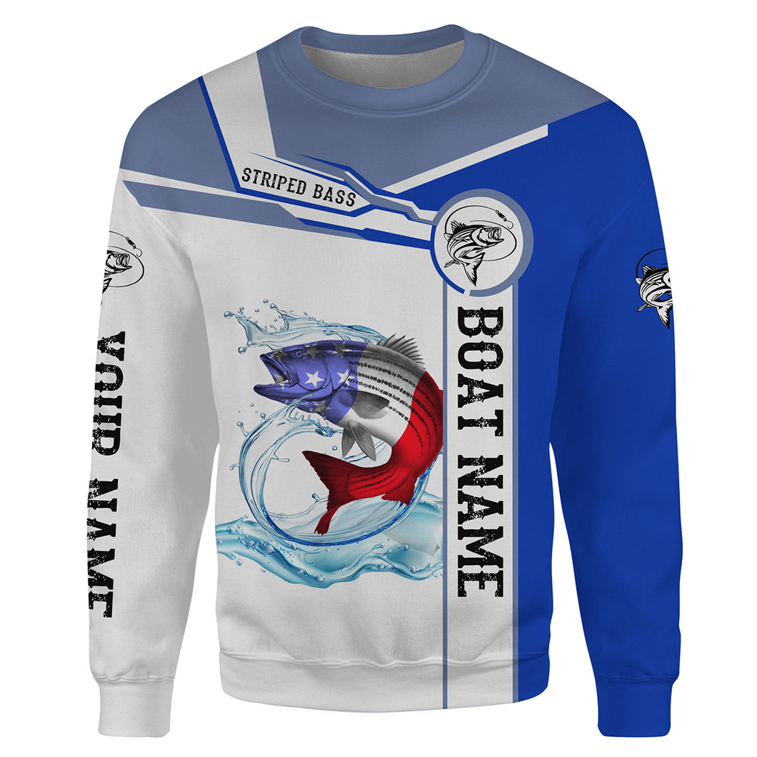 Striped Bass Fishing American Flag Customize name and boat name All-over Print Crew Neck Sweatshirt, personalized fishing gift NPQ340