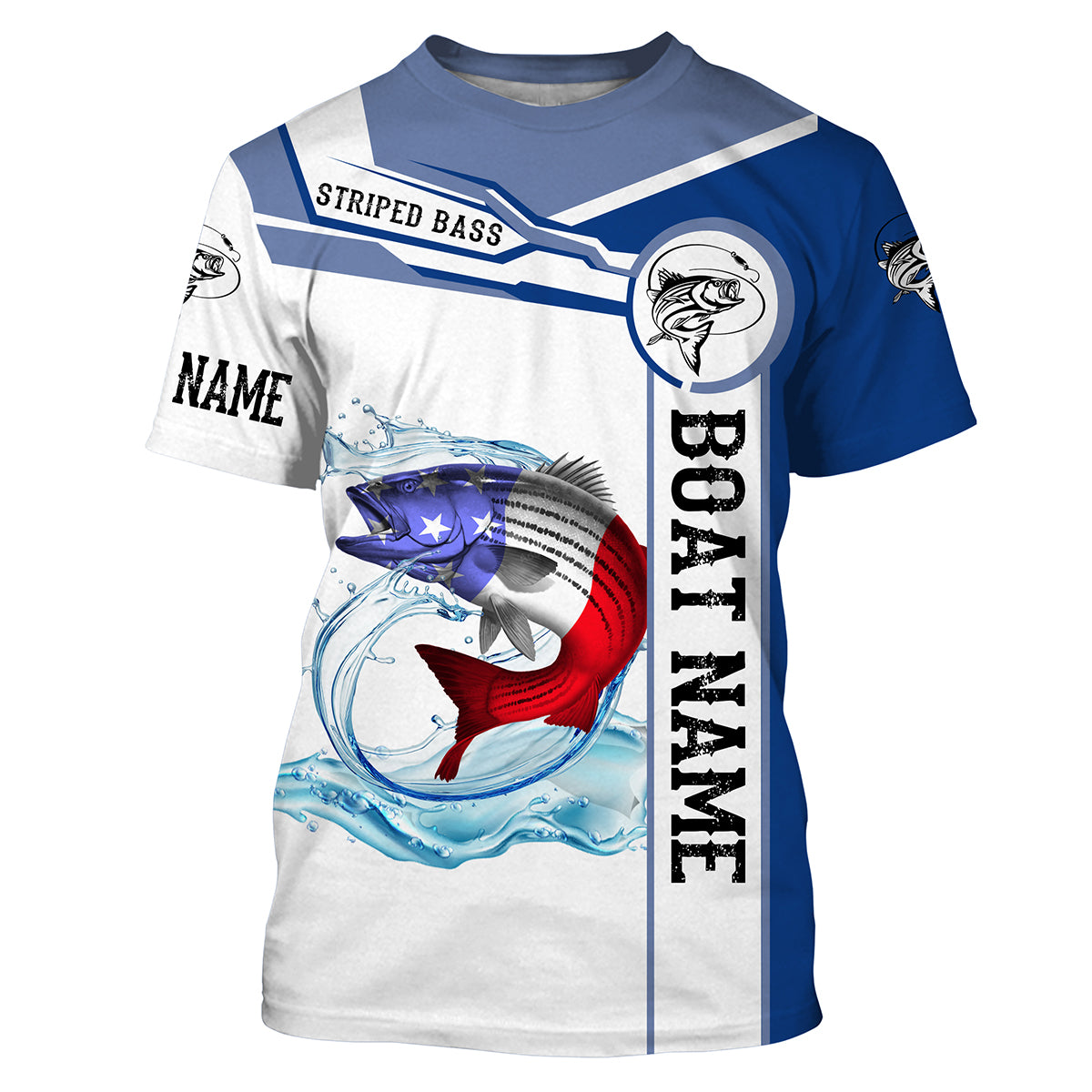 Striped Bass Fishing American Flag Customize Name and boat name tournament fishing T-shirt NPQ340