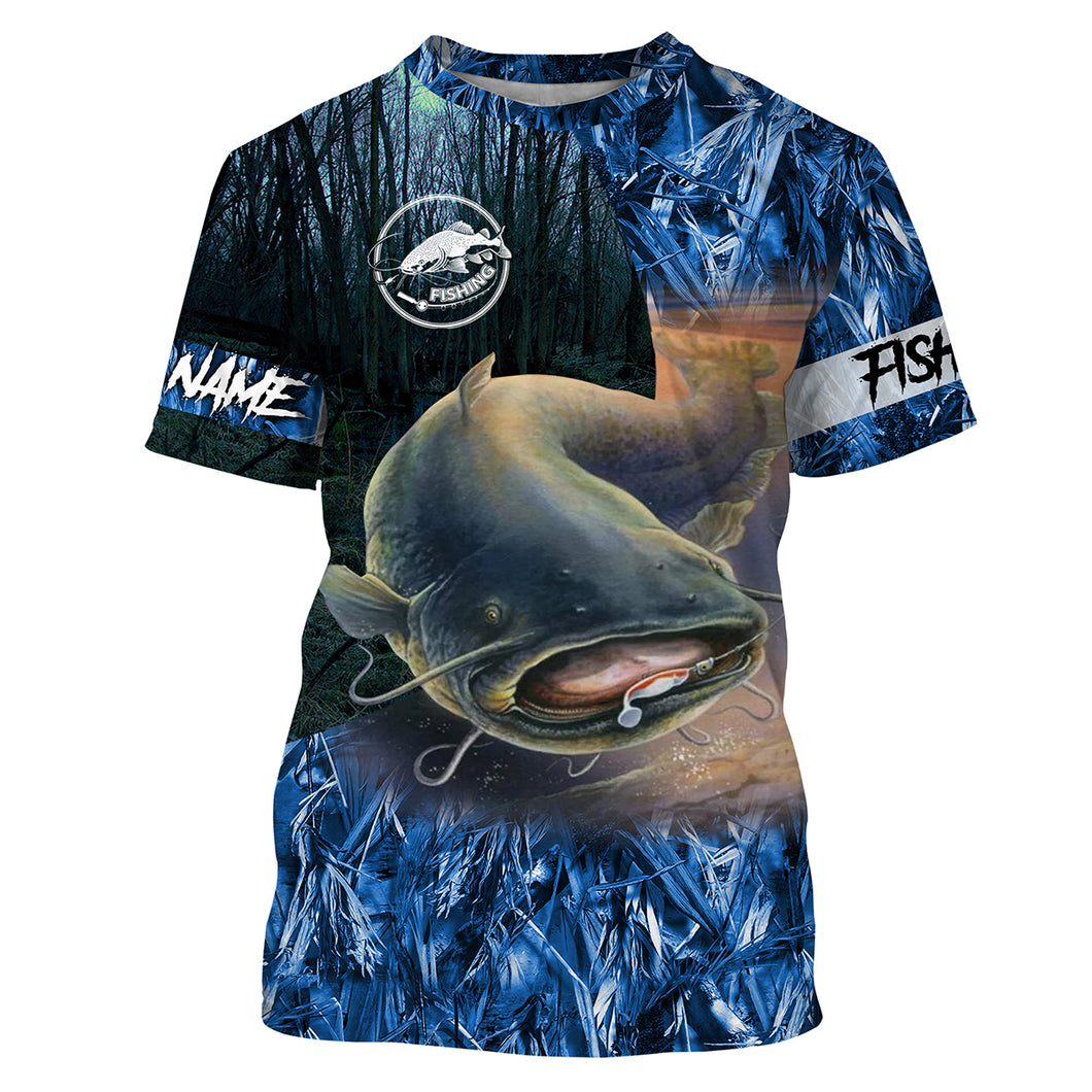 Catfish fishing blue camouflage fishing clothing Customize Name All-over Print Unisex fishing T-shirt, gift for fisherman NPQ453