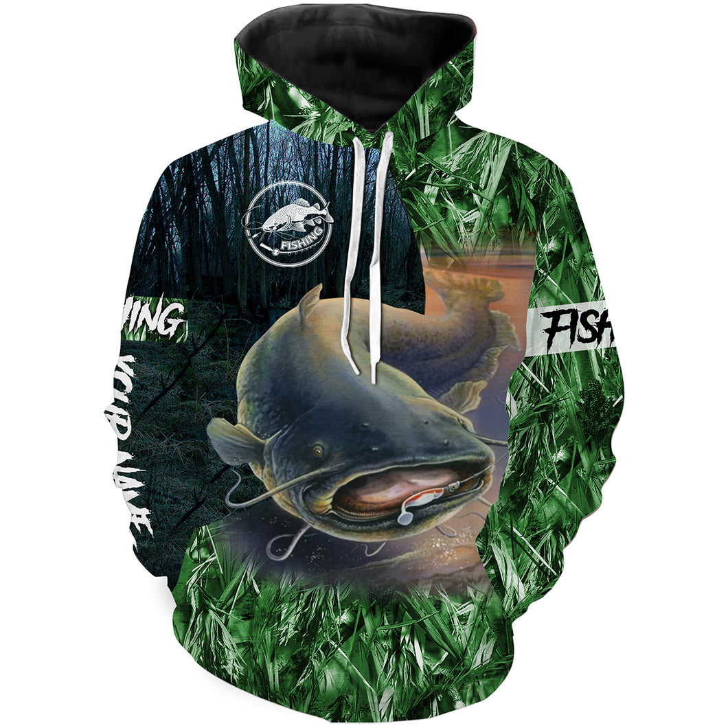 Catfish fishing green camouflage fishing clothing Customize name 3D All Over Printed fishing hoodie, gift for fisherman NPQ454