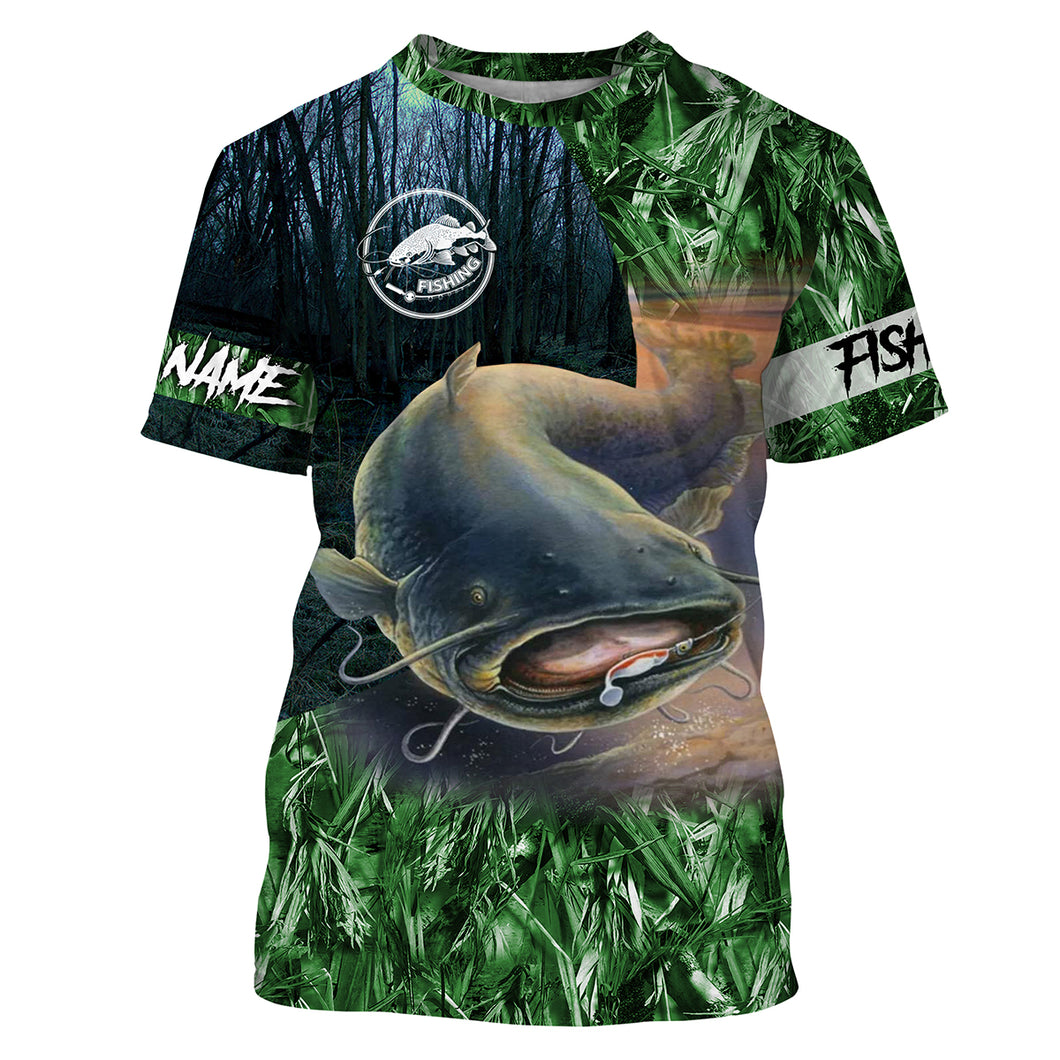 Catfish fishing green camouflage fishing clothing Customize Name All-over Print Unisex fishing T-shirt, gift for fisherman NPQ454