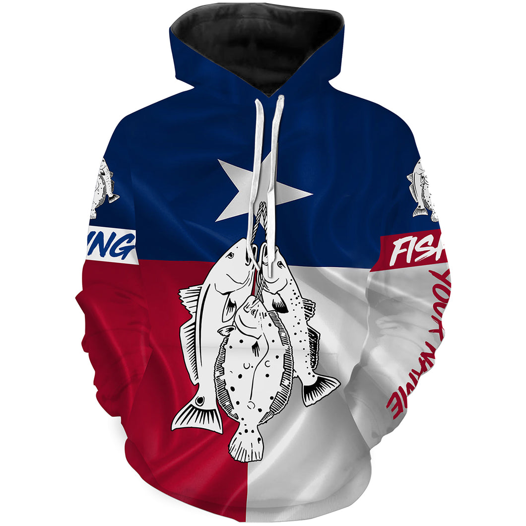 Texas slam redfish, speckled trout, flounder fishing Texas flag patriotic fishing Customize name 3D All Over Printed fishing hoodie NPQ456