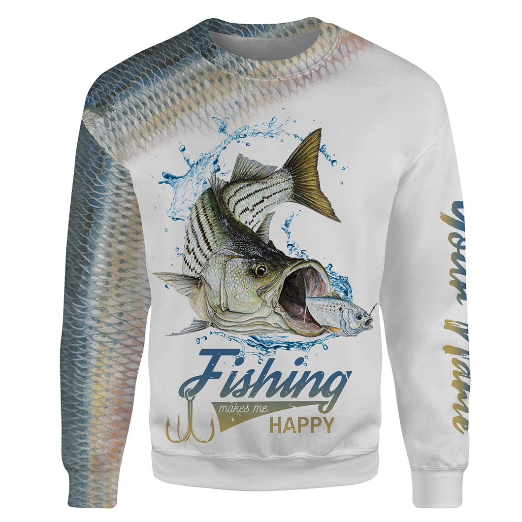 Striped Bass (Striper) Fishing makes me happy Customize name 3D All-over Print Crew Neck Sweatshirt, personalized fishing shirt NPQ296