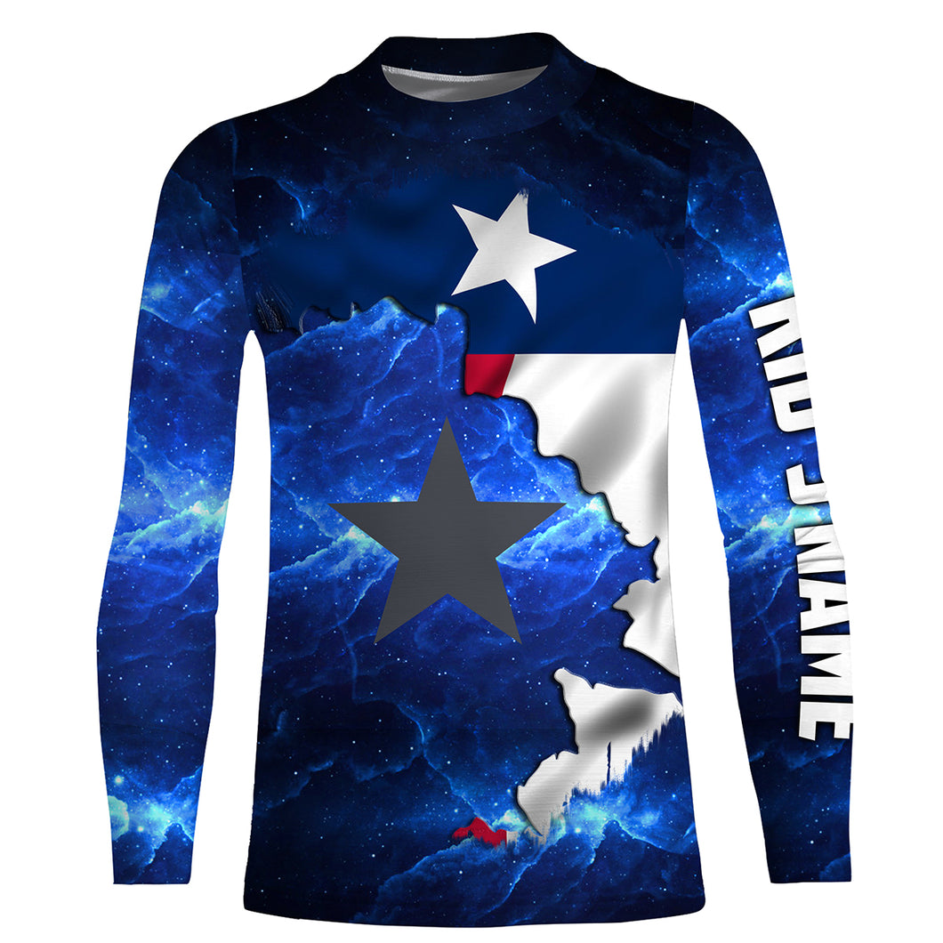 Texas Flag blue galaxy Universe patriotic Custom name fishing jerseys | Kid Long Sleeves NPQ816