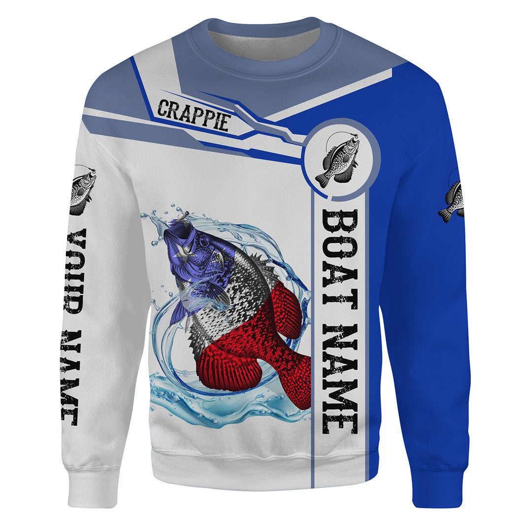 Crappie Fishing American Flag Customize name and boat name All-over Print Crew Neck Sweatshirt, personalized fishing gift NPQ348