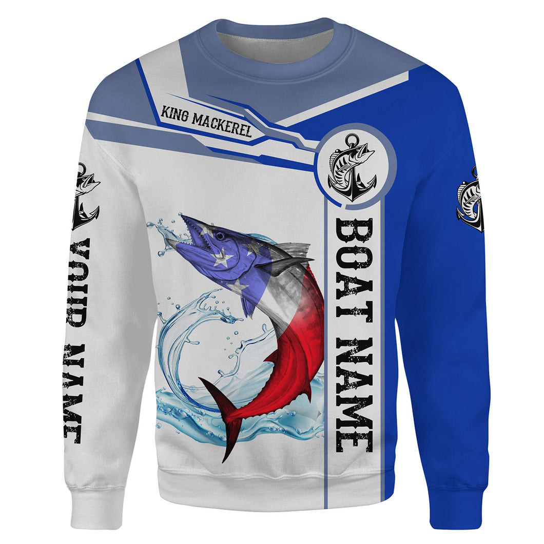 King Mackerel Fishing American Flag Customize name and boat name All-over Print Crew Neck Sweatshirt, personalized fishing gift NPQ354