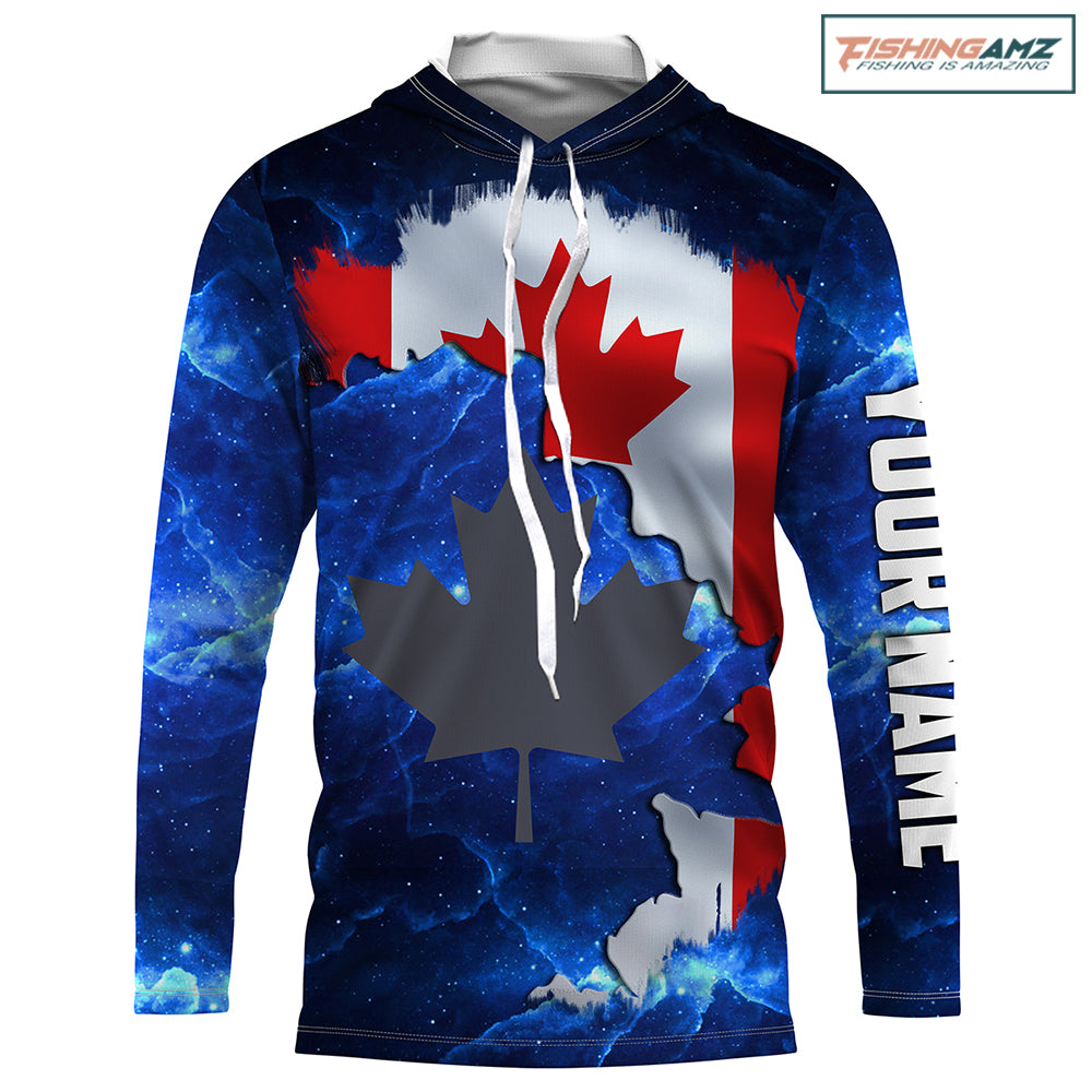 Canada Flag Universe fishing Custom Name Long sleeve, Long Sleeve Hooded Fishing Shirt - NPQ656