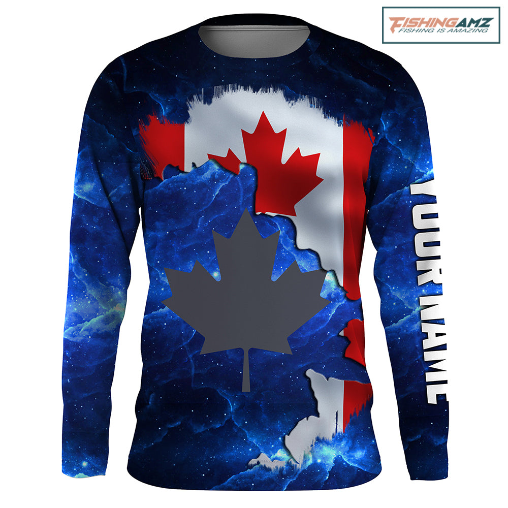 Canada Flag Universe fishing Custom Name Long sleeve, Long Sleeve Hooded Fishing Shirt - NPQ656