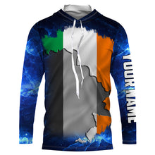 Load image into Gallery viewer, Ireland Flag Universe fishing Custom Name Long sleeve, Long Sleeve Hooded Fishing Shirt - NPQ658
