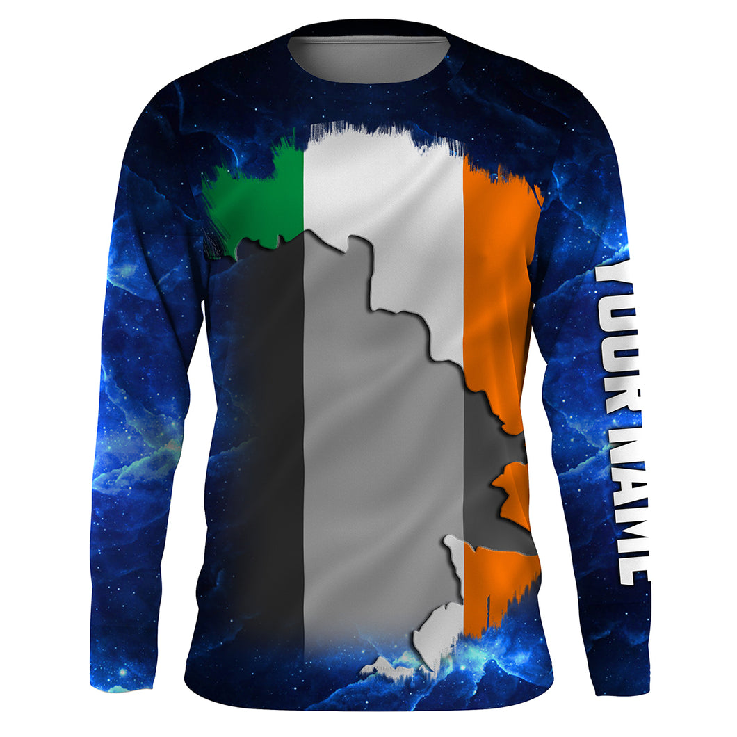 Ireland Flag Universe fishing Custom Name Long sleeve, Long Sleeve Hooded Fishing Shirt - NPQ658