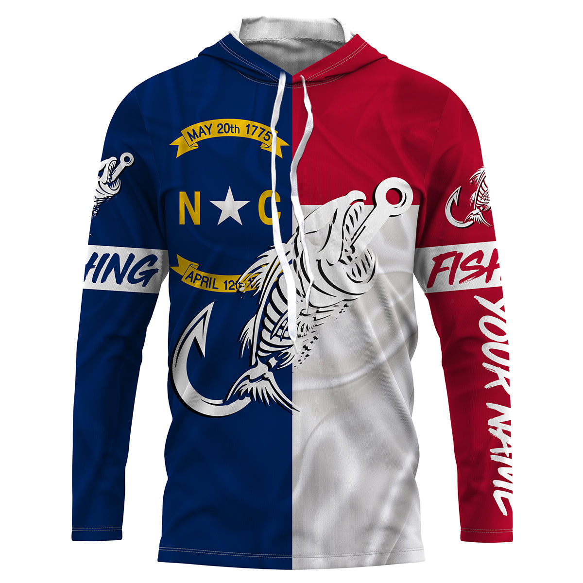 NC Fishing Custom North Carolina Flag Fish hook skull Custom Long sleeve, Long Sleeve Hooded NPQ760