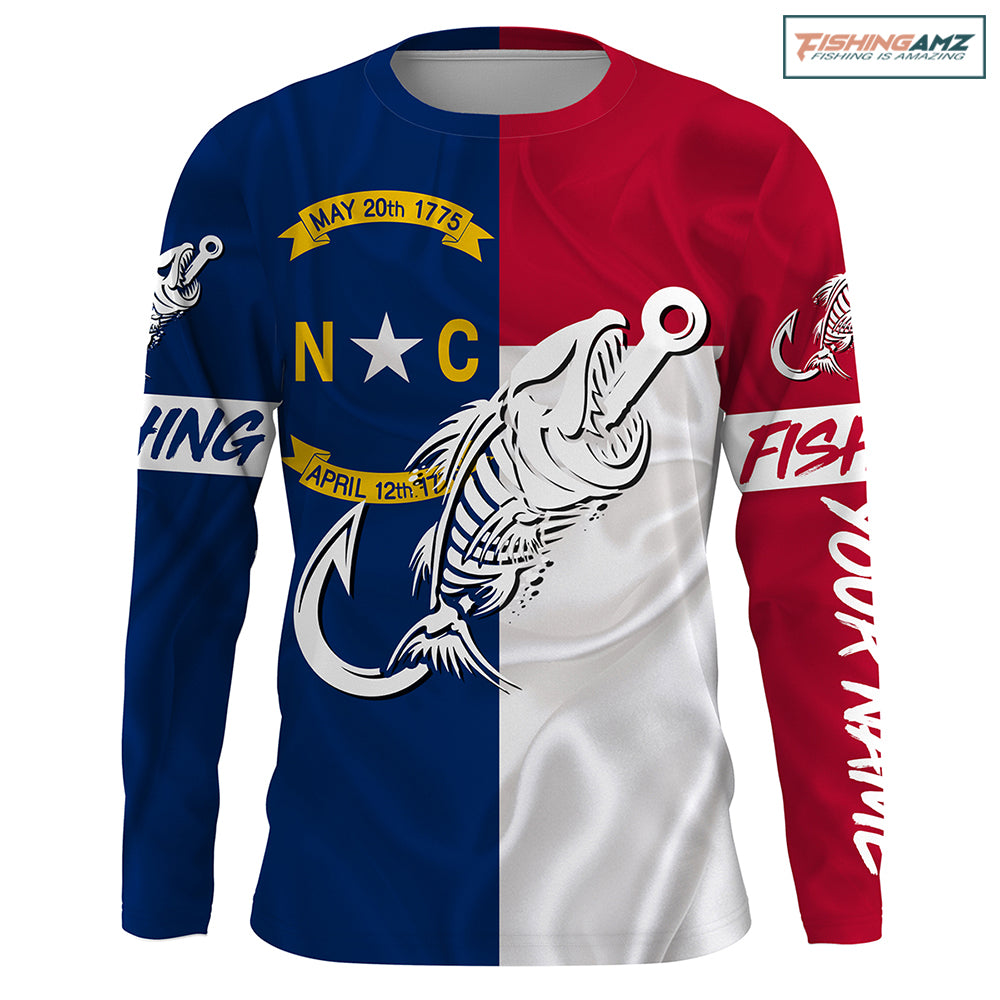 NC Fishing Custom North Carolina Flag Fish hook skull Custom Long sleeve, Long Sleeve Hooded NPQ760