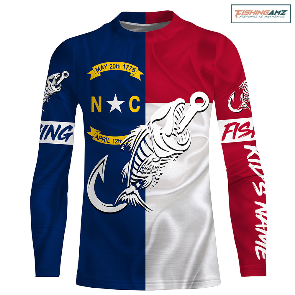 NC Fishing Custom North Carolina Flag Fish hook skull Custom name fishing jerseys | Kid Long Sleeves NPQ760