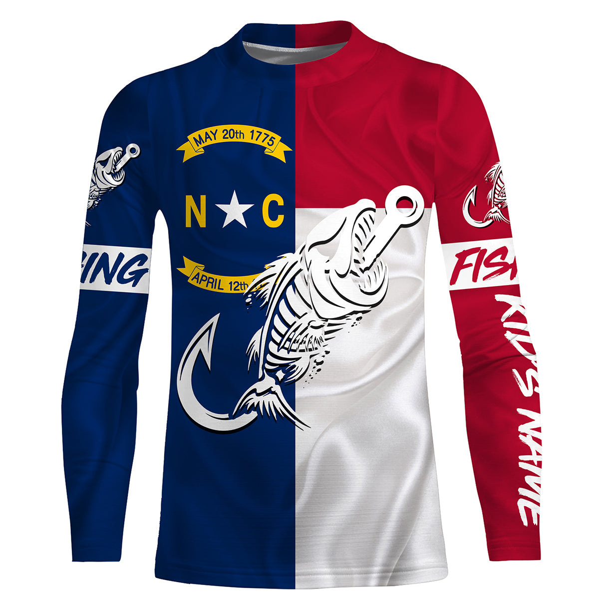 NC Fishing Custom North Carolina Flag Fish hook skull Custom name fishing jerseys | Kid Long Sleeves NPQ760