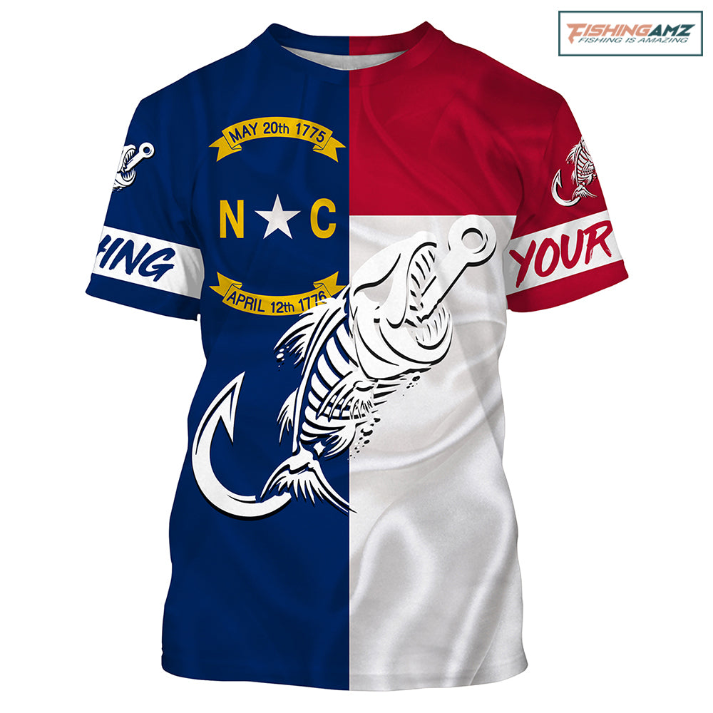 NC Fishing Custom North Carolina Flag Fish hook skull Custom fishing Tshirt NPQ760