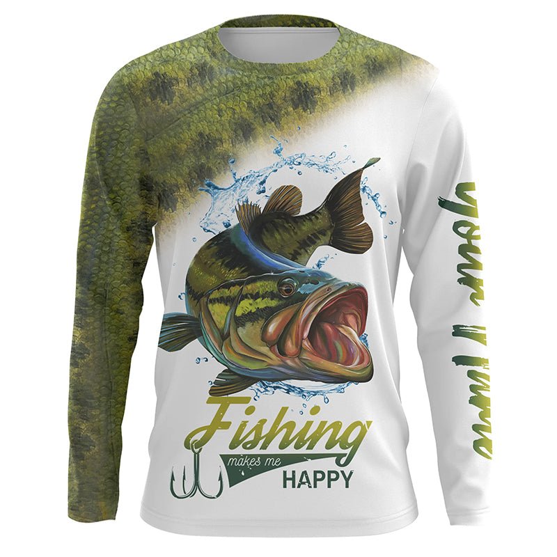 Bass Fishing makes me happy Customize Name UV protection quick dry long sleeves fishing shirt for men NPQ92
